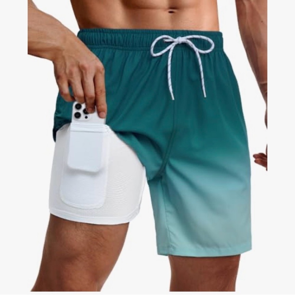 Mens Swim Trunks w/Compression Liner Pockets Drawstring Quick Dry Stretch Lined